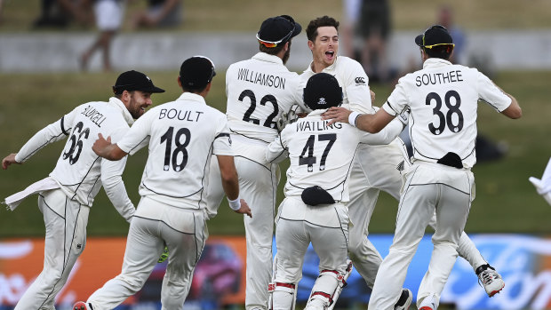 Mitchell Santner and New Zealand celebrate a remarkable win in the first Test against Pakistan.