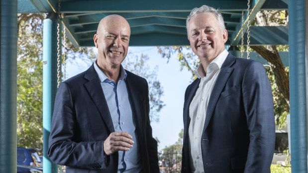 In a note to staff, Fairfax CEO Greg Hywood (left), pictured here with Hugh Marks CEO Nine, said "there will be plenty of Fairfax Media DNA in the merged company and the board".