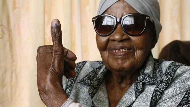 108-year-old MMaphuti Mabitsela voted at home in Atteridgeville, near Pretoria, part of a special service to the elderly and infirm.