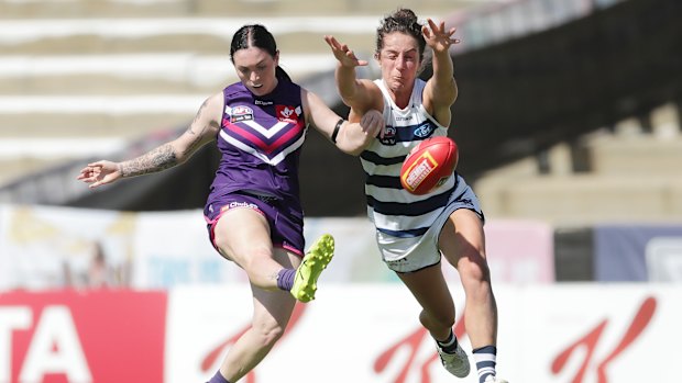 On target: Sabreena Duffy sends another kick goalward against Geelong.