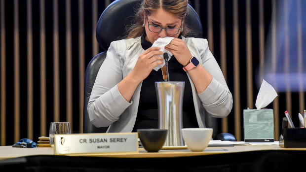 Casey mayor Susan Serey fights back tears at Tuesday night's final council meeting.