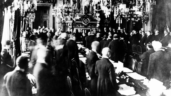 Representatives of the Allies and Germany gather in Versailles, France on 28 June, 1919 for the signing of the treaty marking the end of World War I.