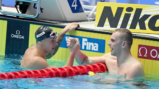 Kyle Chalmers congratulates Caeleb Dressel after an unforgettable 100m freestyle rumble.
