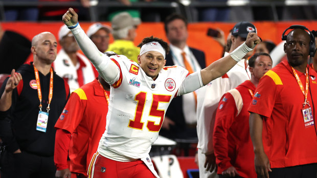 Chiefs quarterback Patrick Mahomes celebrates the Super Bowl win.