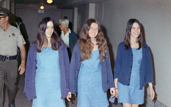 Charles Manson followers, from left: Susan Atkins, Patricia Krenwinkel and Leslie Van Houten, walk to court to appear for their roles in the 1969 cult killings of seven people, including pregnant actress Sharon Tate, in Los Angeles.