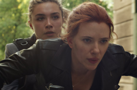 Scarlett Johansson (front) as Natasha Romanoff with Florence Pugh as Yelena in Black Widow. 