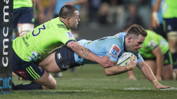 Holy Foley: Bernard Foley crosses under the posts to get NSW back into the contest.