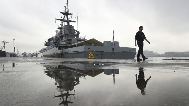 The HMS Tyne at berth in Tyneside, England, during a visit by Defence Secretary Gavin Williamson, who announced increased naval protection for Britain's fishing fleet after Brexit.