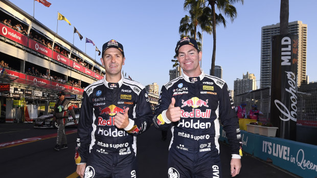 Jamie Whincup and Craig Lowndes celebrate their victory on Saturday.
