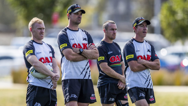 Brains trust: Cameron Ciraldo, second from left, with Peter Wallace, James Maloney and Penrith great Greg Alexander.