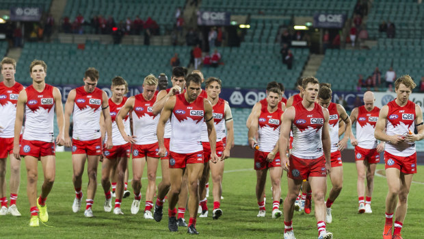 Tough sell: Most Swans supporters had left by this stage, but the lowest SCG crowd in five seasons watched last Saturday night's AFL derby in Sydney.