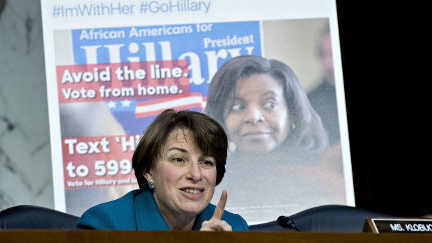 Senator Amy Klobuchar, a Democrat from Minnesota, questions witnesses in front of a Twitter post last year.