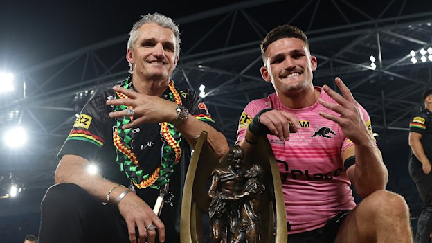 Ivan and Nathan Cleary after winning their fourth premiership.