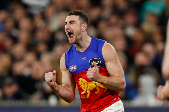Dan McStay celebrates a goal against the Demons in the Lions’ semi-final victory.