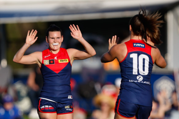 Melbourne’s Lily Mithen celebrates a goal during the win over the Bulldogs.