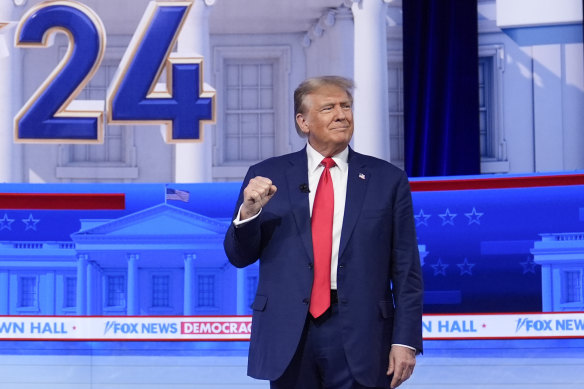 Donald Trump arrives for a Fox News Channel town hall in Des Moines, Iowa on Thursday.