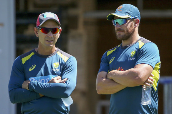 Limited overs captain Aaron Finch, right, spoke this week of the value of being able to give feedback on coach Justin Langer.