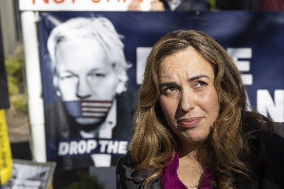 Stella Assange at a rally after addressing the National Press Club in Canberra on Monday.