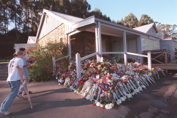 Flowers placed outside the Broad Arrow Cafe in Port Arthur where the rampage began.