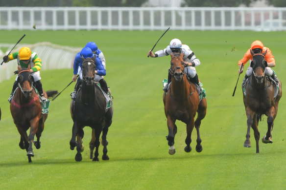 Tommy Berry boots home Signore Fox in the Razor Sharp Handicap at Randwick on Villiers Stakes Day earlier in December.