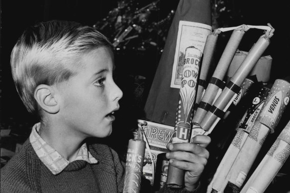 “The fireworks display at David Jones’ Market Street store yesterday left John Jenkins, 6, of Balgowlah, open-mouthed as he made his purchases in readiness for British Commonwealth Day.” May 10, 1961.