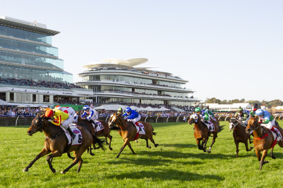 Jockey Jamie Kah rides Gatting to an unexpected victory in the Makybe Diva Stakes at Flemington.