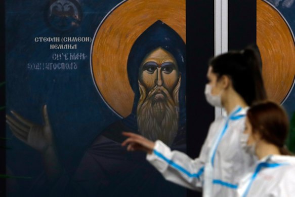 Medical workers at the Belgrade Fair makeshift vaccination centre in Belgrade, Serbia.