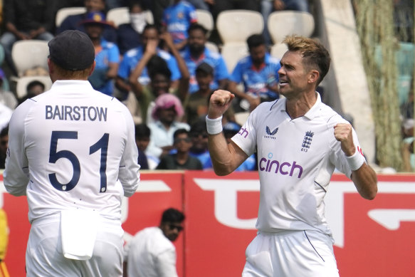 James Anderson celebrates his wicket.