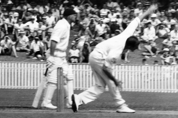 Ian Meckiff delivers a good ball during the over in which he was no-balled four times.