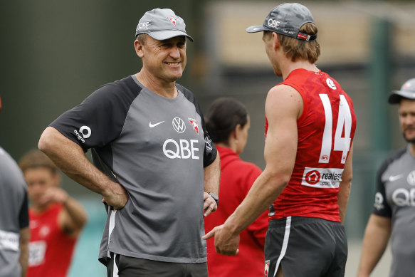 Tough calls: Swans coach John Longmire and Callum Mills.