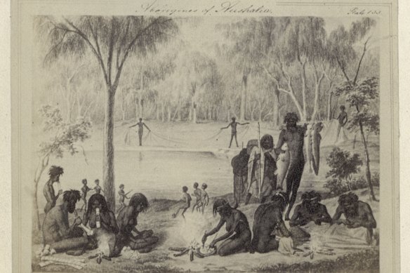 William Blandowski’s illustration depicting marngrook, the Indigenous precursor to Australian rules football, in 1857. 