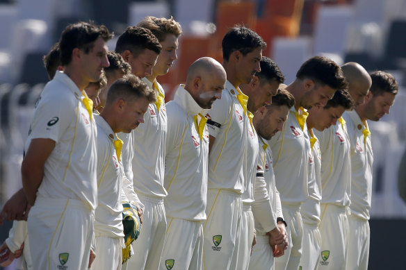 Australia’s players pay their respects to Rod Marsh, who died this morning, with a minute’s silence.