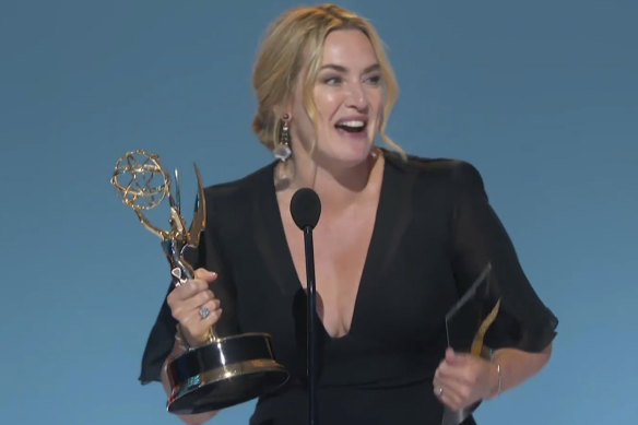 Kate Winslet accepts the award for outstanding lead actress in a limited or anthology series or movie for Mare of Easttown.