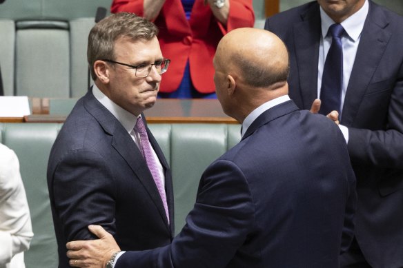 Alan Tudge in parliament alongside Opposition Leader Peter Dutton moments after quitting politics.