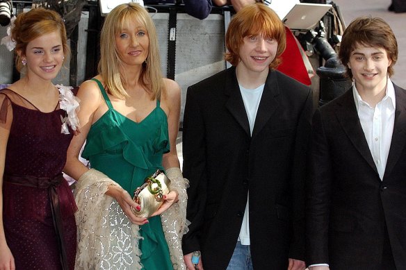 Emma Watson, J.K. Rowling, Rupert Grint and Daniel Radcliffe attend the European premiere of Harry Potter and the Prisoner of Azkaban in London in 2004.