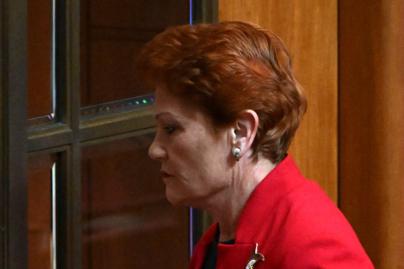 One Nation leader Pauline Hanson walks out of the Senate during the acknowledgment of Country this week.