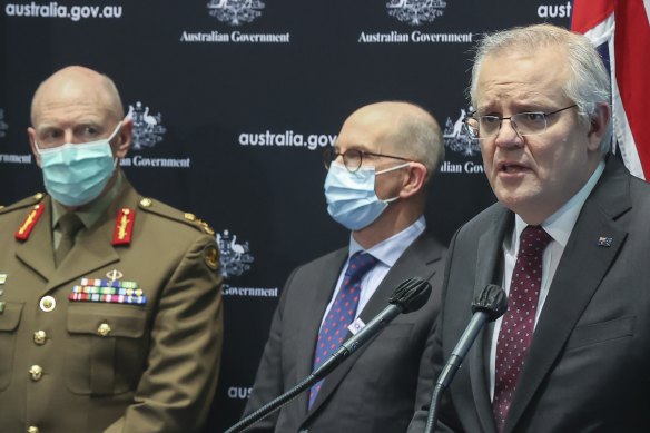 Who’s delivering the message: Commander Lieutenant-General John Frewen, Chief Medical Officer Professor Paul Kelly and Prime Minister Scott Morrison.