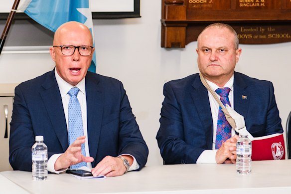 Opposition Leader Peter Dutton and frontbencher Jason Wood on the campaign trail in Melbourne on Tuesday.