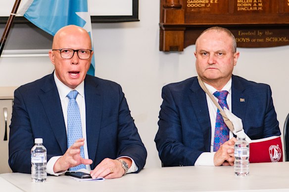 Opposition Leader Peter Dutton and frontbencher Jason Wood on the campaign trail in Melbourne on Tuesday.