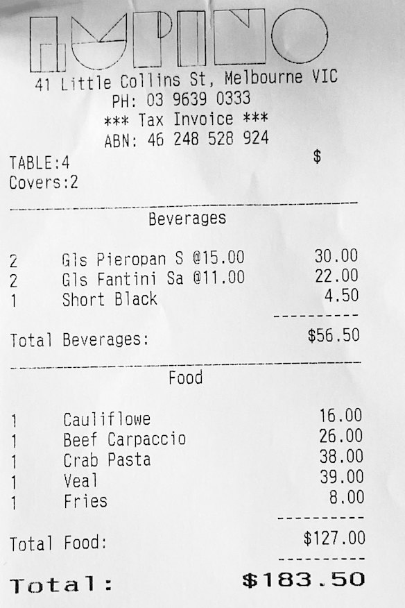 The lunch bill at Lupino.