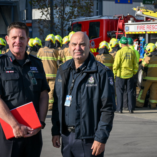 Fire Rescue Victoria deputy commissioner Eddie 
Lacko (left) and Victoria Police Assistant Commissioner Mick Hermans.