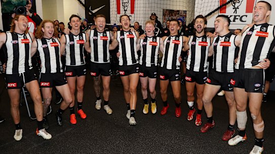 Collingwood belt out their famous song after their Queen’s Birthday win.