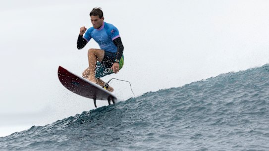 TEAHUPO’O, FRENCH POLYNESIA - JULY 29: Jack Robinson of Australia reacts after riding a wave during round three of surfing on day three of the Olympic Games Paris 2024 on July 29, 2024 in Teahupo’o, French Polynesia. (Photo by Sean M. Haffey/Getty Images)