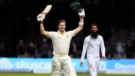 Steve Smith celebrates his double-ton at the home of cricket.