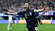 ATLANTA, GEORGIA - JULY 15: Lionel Messi #10 of Argentina celebrates the team’s second goal by Lautaro Martinez #22 during the FIFA World Cup 2026 Semi Final match between England and Argentina at Atlanta Stadium on July 15, 2026 in Atlanta, Georgia. (Photo by Shaun Botterill/Getty Images)