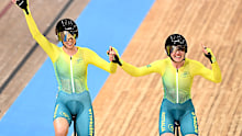 Silver medallist Georgia Baker of Team Australia and gold medallist Alyssa Polites of Team Australia celebrate.