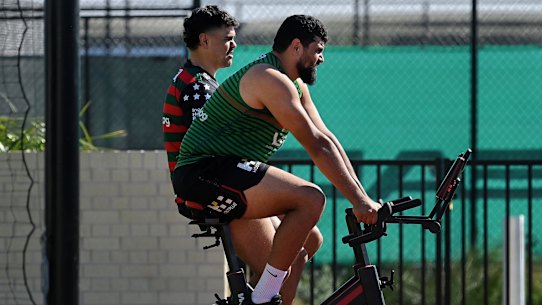 Latrell Mitchell (left) and his brother Shaq Mitchell (right) at South Sydney Rabbitohs training on Tuesday