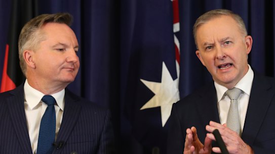 Shadow Minister for Climate Change and Energy Chris Bowen and Opposition Leader Anthony Albanese during a press conference at Parliament House in Canberra.