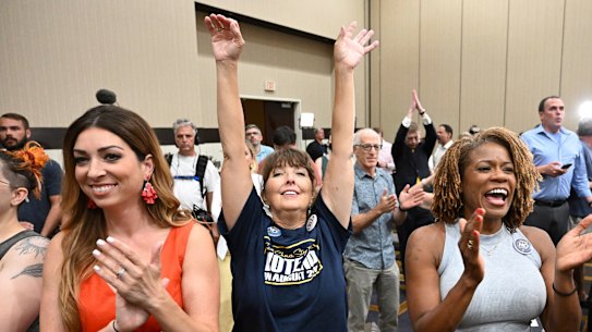 People applaud during a primary watch party in Overland Park, Kansas. State voters rejected a ballot measure  in the conservative state with deep ties to the anti-abortion movement.