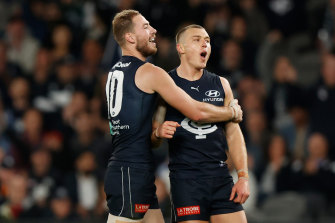 Patrick Cripps (right) is in top form and the Blues are better placed than they have ever been in his time at the club.